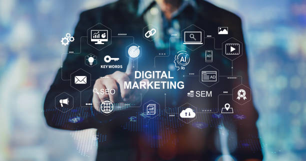 Digital marketing business technology. Website advertisement email social media network, SEO, SEM video and mobile application icons in virtual screen.