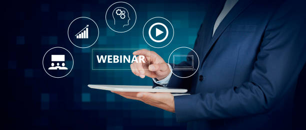 Webinar icon with man holding a tablet